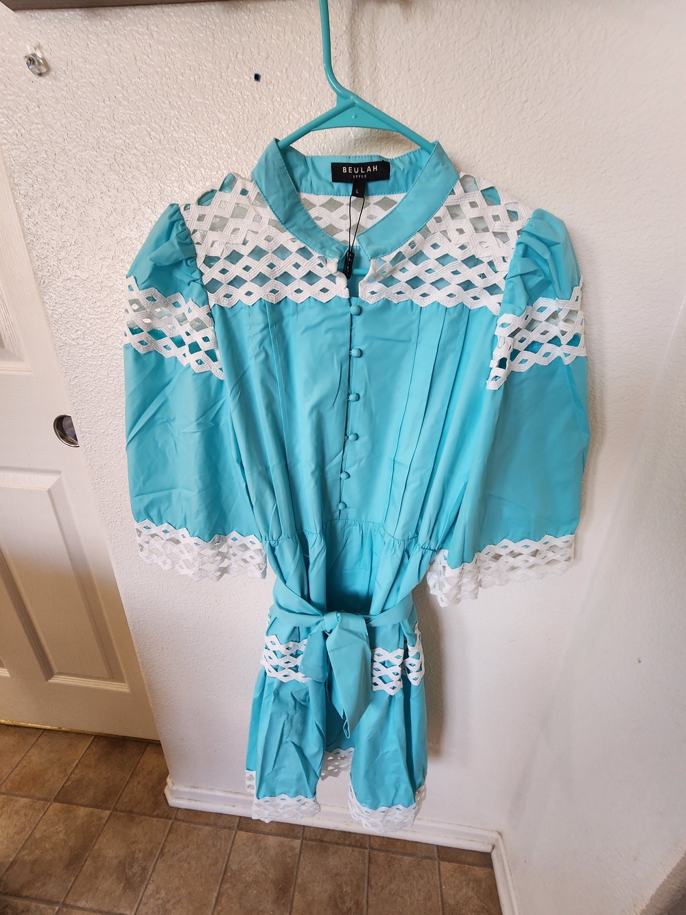 Beulah Style Aqua Lace Trim Belted Dress NWT L